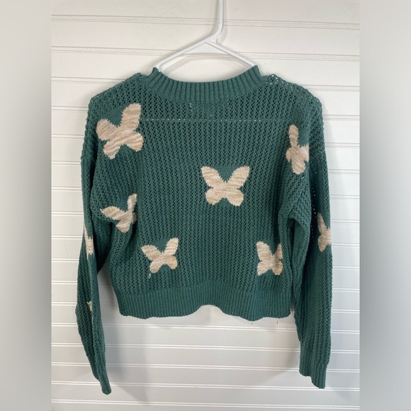 Sugar Moon Green & Tan Knitted Butterfly Cropped Sweater Size Large Girls EUC - Picture 3 of 6